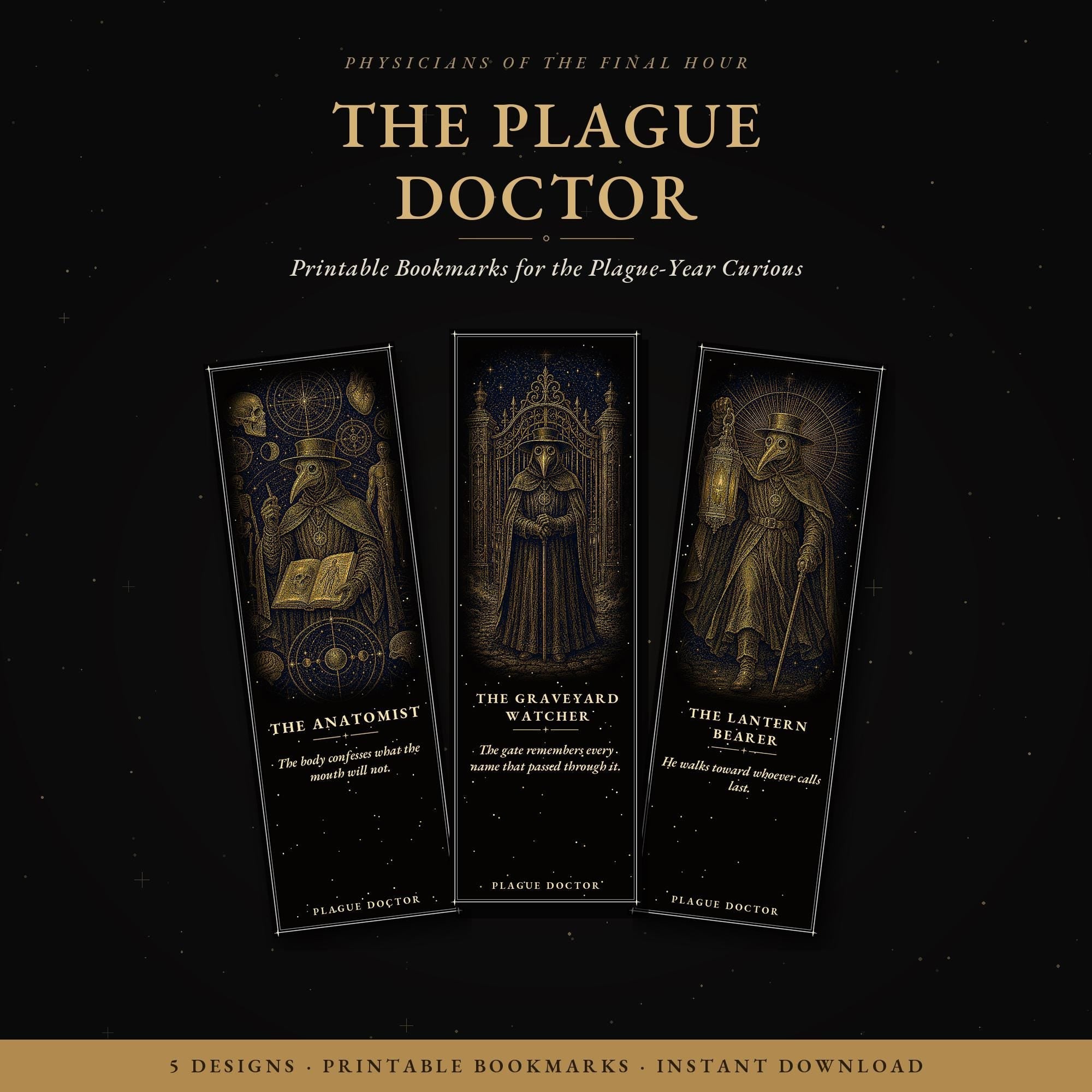 Plague Doctor handmade gothic bookmark, gold on black, Sticky Little Curios
