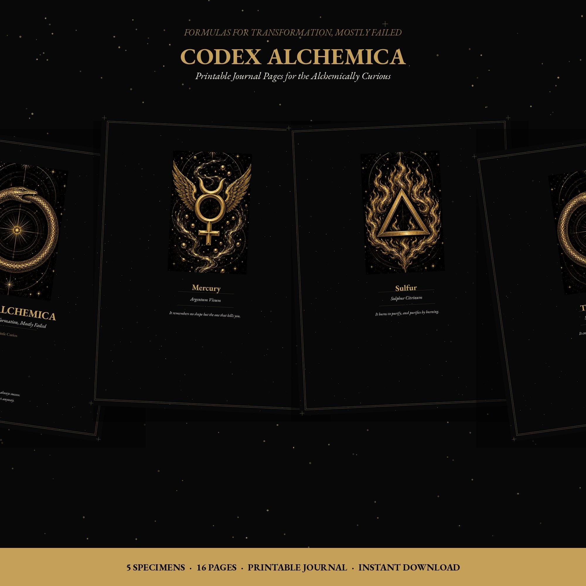 Codex Alchemica printable dark academia journal page, gold on black, Sticky Little Curios