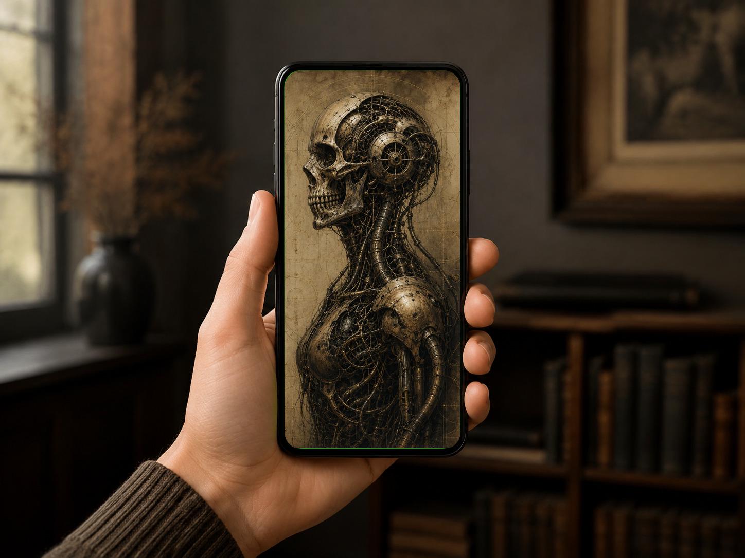 Skull Cyborg Biomechanical Wallpaper | Dark Academia Lock Screen | Steampunk Phone Art | Gothic Sci-Fi Digital Download