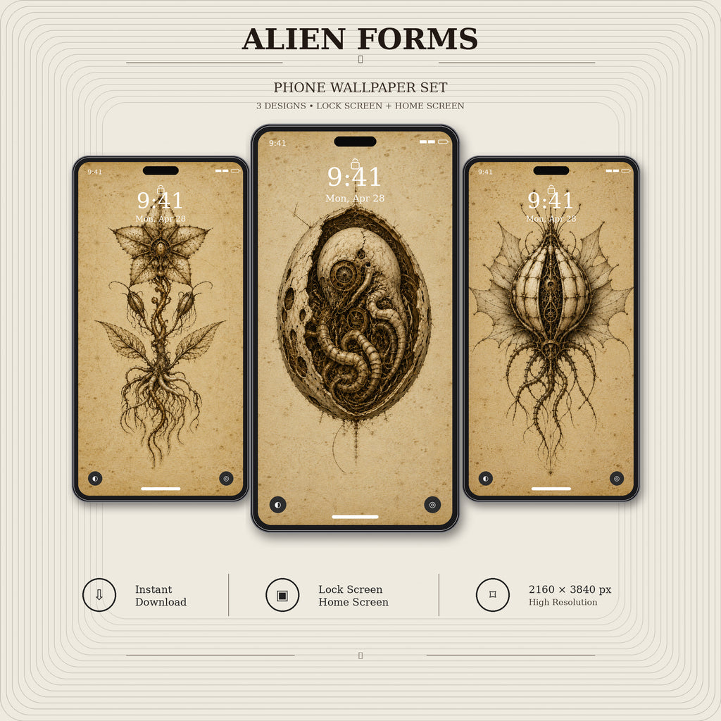 Alien Forms Phone Wallpaper Bundle | Biomechanical Codex Lock Screen | Dark Academia Digital Download