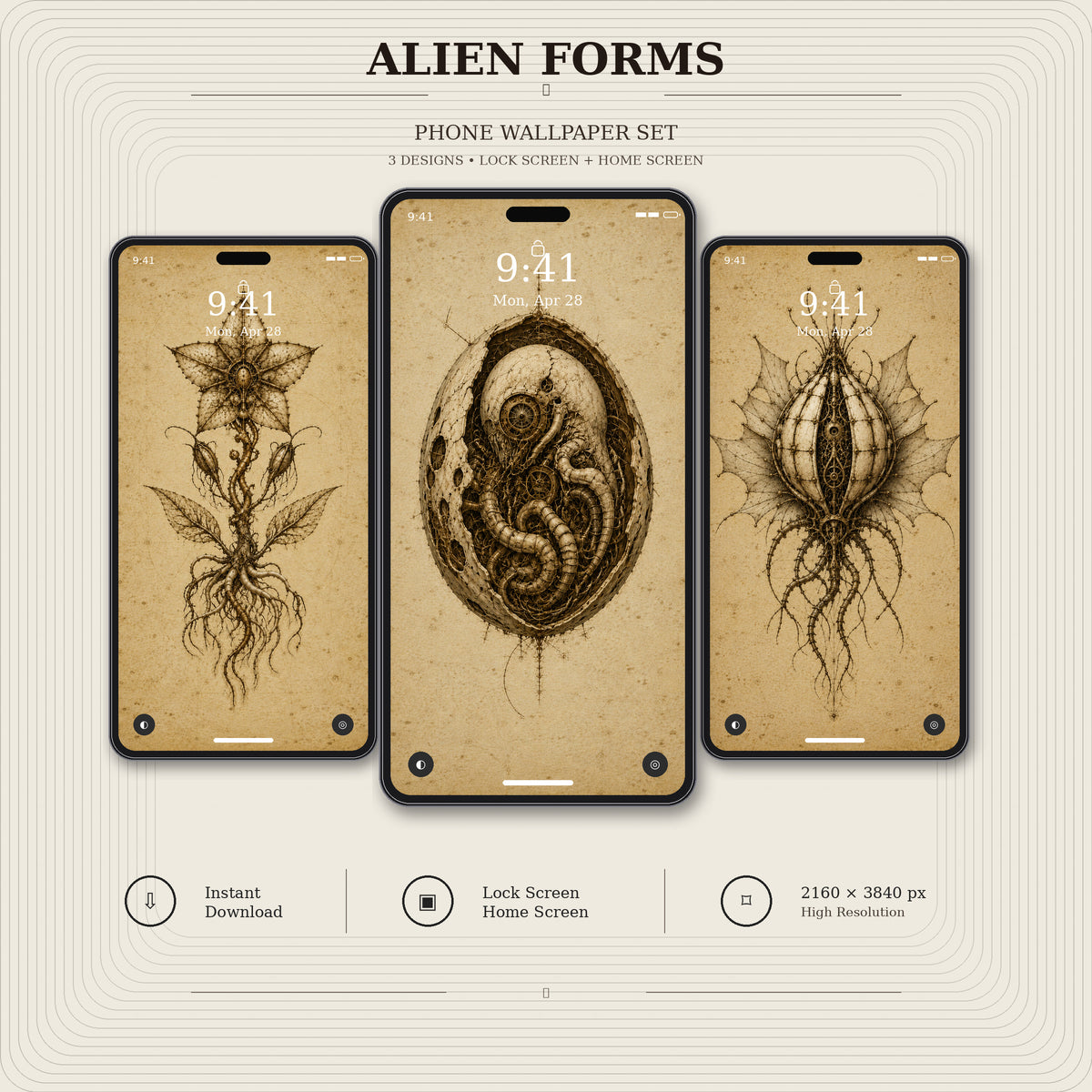 Alien Forms Phone Wallpaper Bundle | Biomechanical Codex Lock Screen | Dark Academia Digital Download