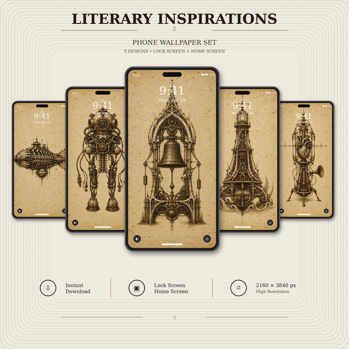 Literary Inspirations Phone Wallpaper Bundle | Biomechanical Codex Lock Screen | Dark Academia Digital Download