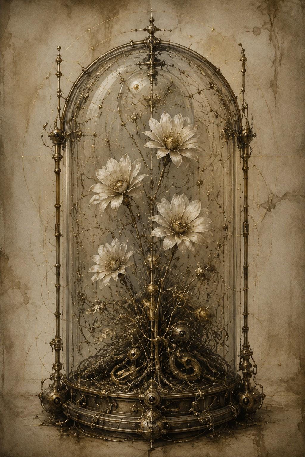 Flowers in Dome Biomechanical Wallpaper | Dark Academia Lock Screen | Brass Bone Anatomy | Instant Digital Download