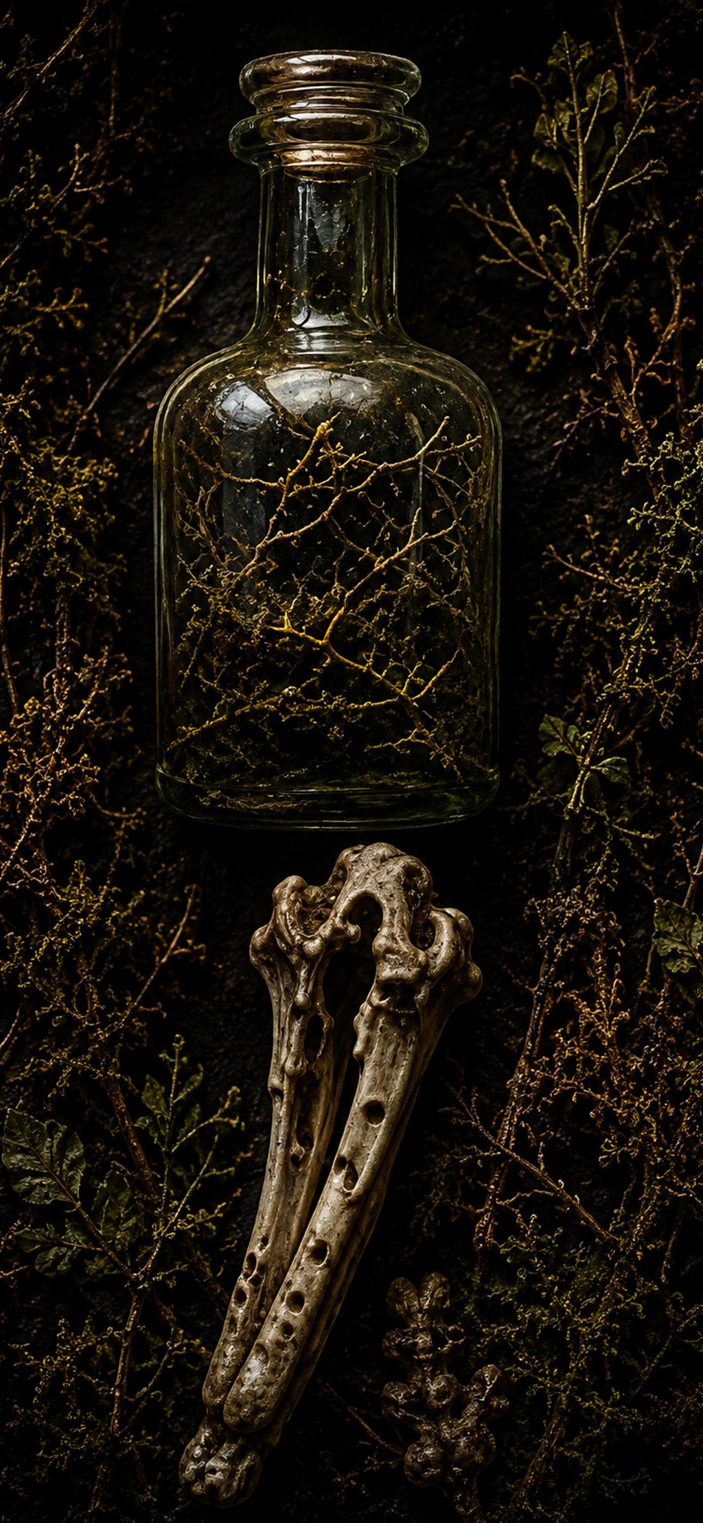 The Bone Garden Phone Wallpaper, Dark Goblincore Lock Screen | Moss And Bones Digital Art | iPhone And Android Set