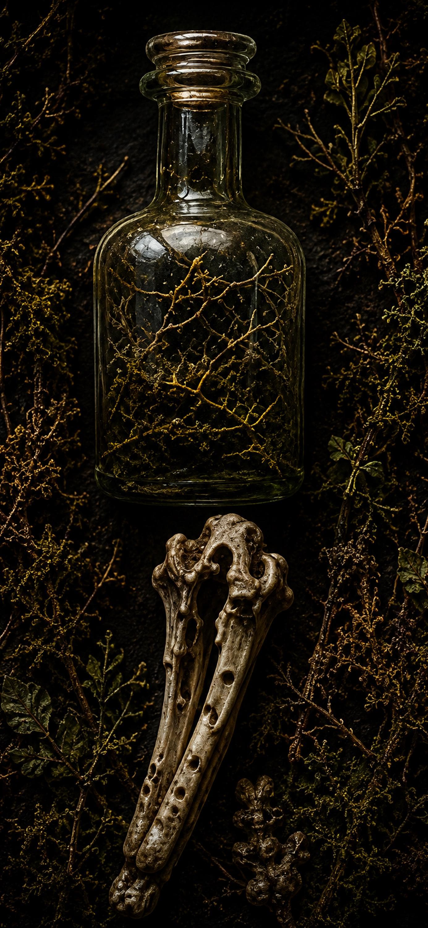 The Bone Garden Phone Wallpaper, Dark Goblincore Lock Screen | Moss And Bones Digital Art | iPhone And Android Set