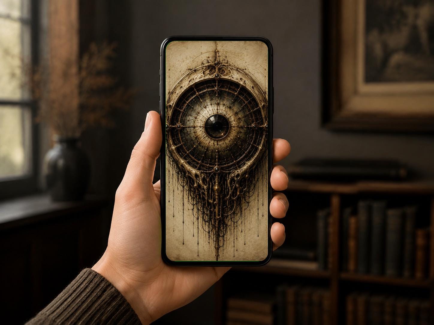Eye II | Biomechanical Lock Screen, Dark Academia Surreal Art | iPhone & Android Wallpaper | Brass Anatomical Design