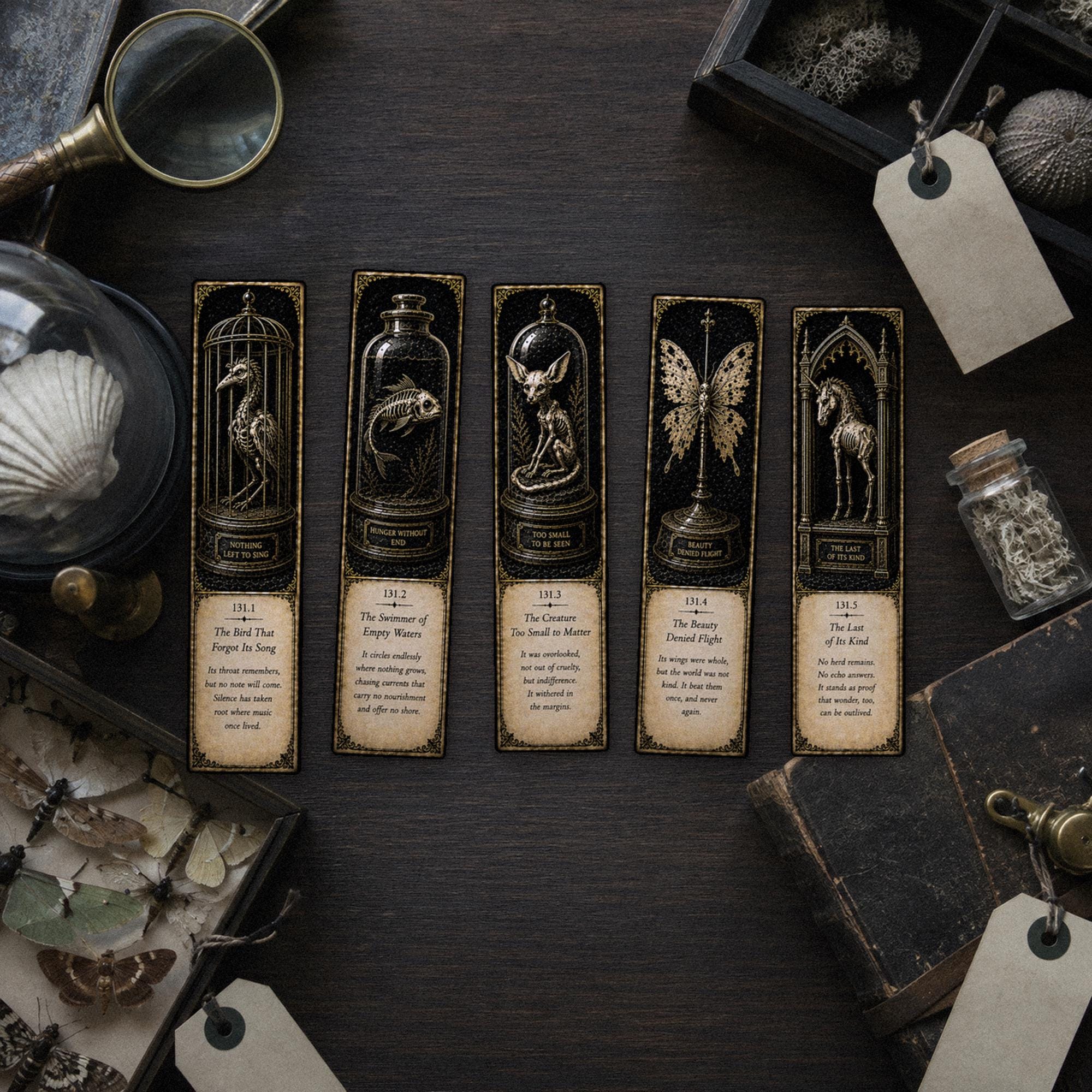 The Starved Menagerie Bookmark | Dark Academia Set of 5 | Standard or Magnetic | Gothic Cabinet of Curiosities