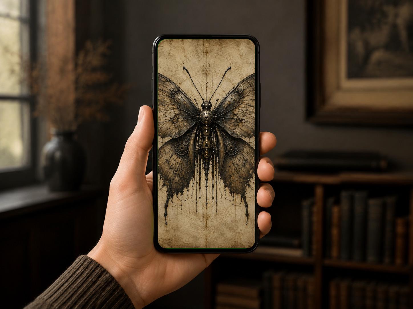 Moth - Biomechanical Phone Wallpaper | Dark Academia Lock Screen | Gothic Surreal Digital Art