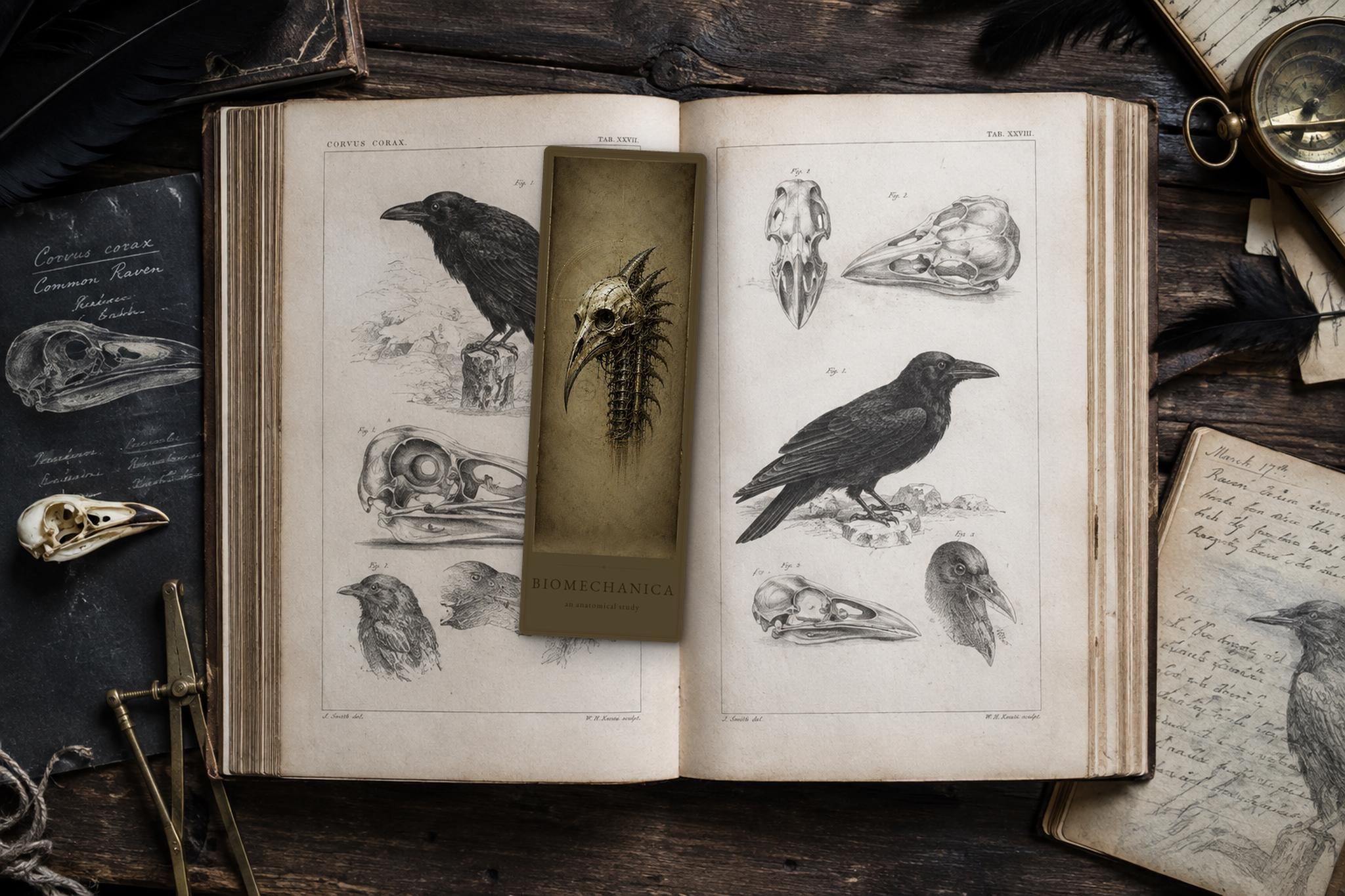 Ravens & Bird Skulls Biomechanical Bookmark | Dark Academia Gothic | Magnetic Page Marker | Anatomical Art for Book Lovers