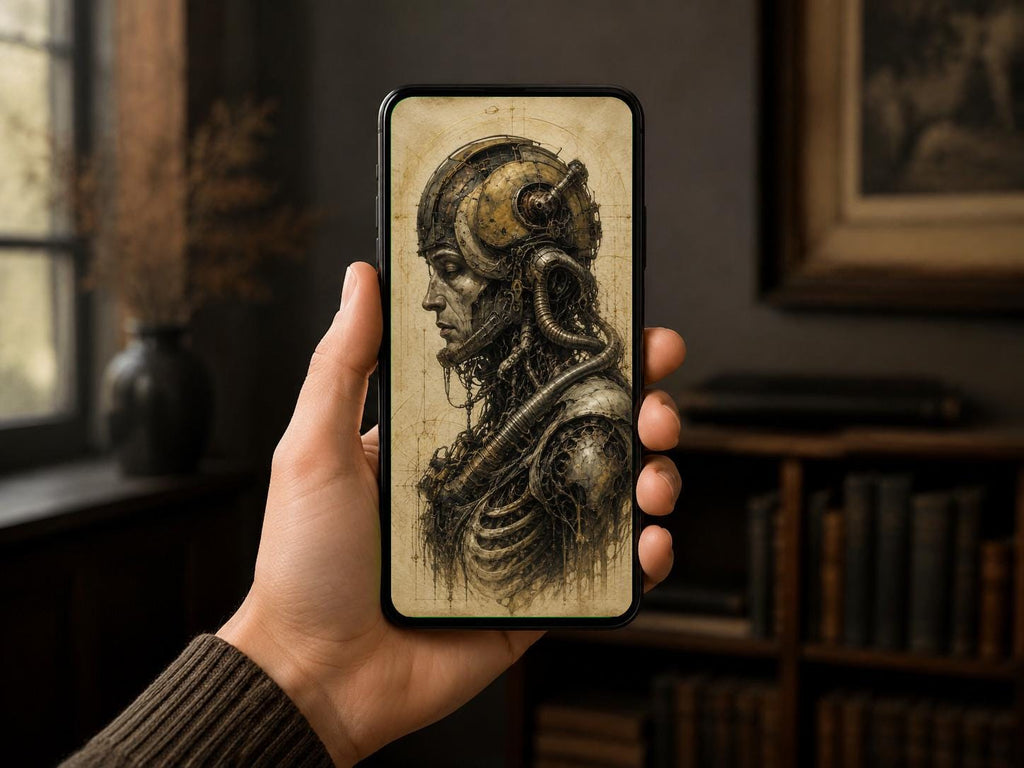 Cyborg Man, Biomechanical Phone Wallpaper | Dark Surreal Aesthetic | Lock Screen Download | Brass Bone Anatomy Art