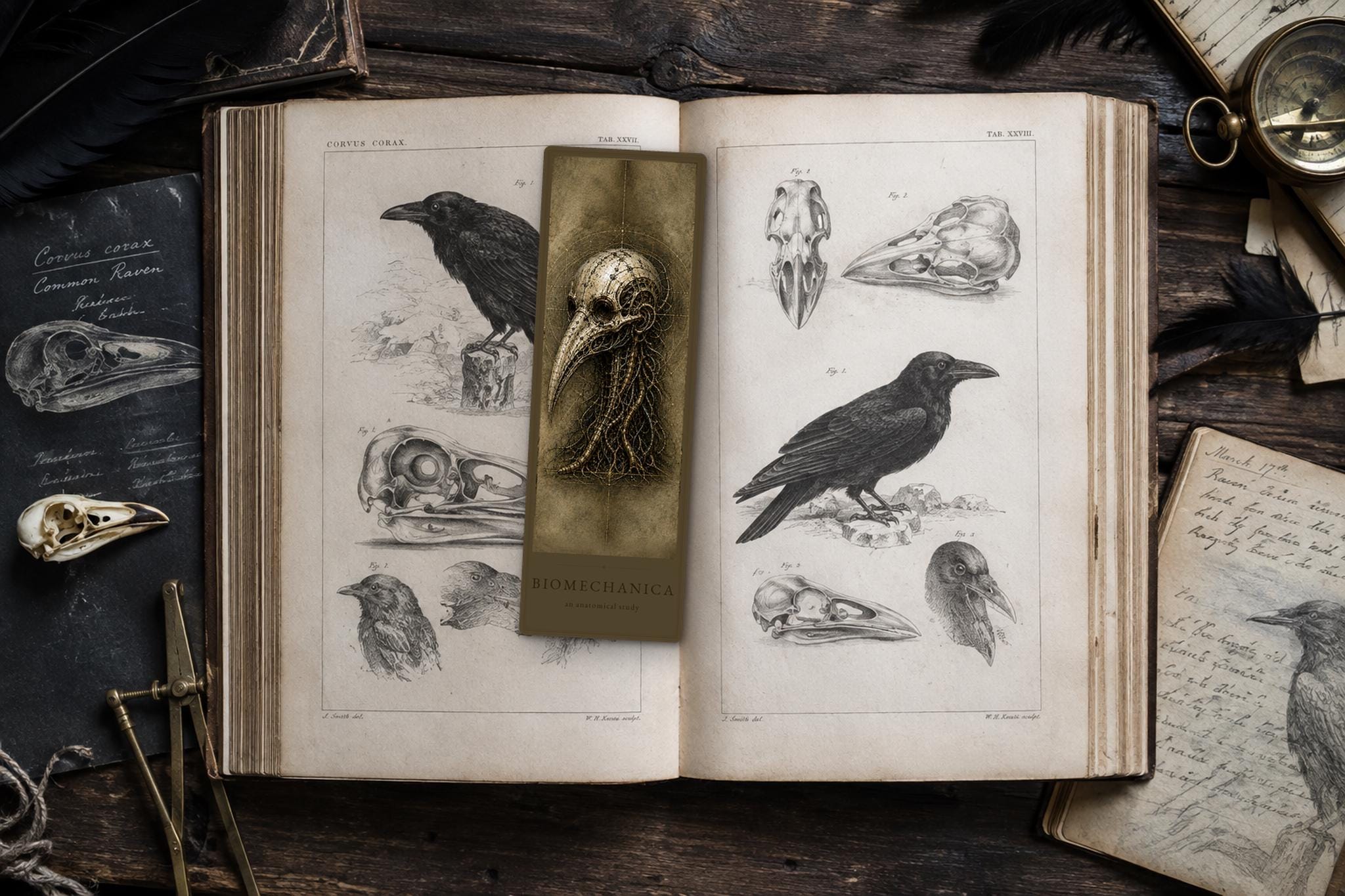 Ravens & Bird Skulls Biomechanical Bookmark | Dark Academia Gothic | Magnetic Page Marker | Anatomical Art for Book Lovers