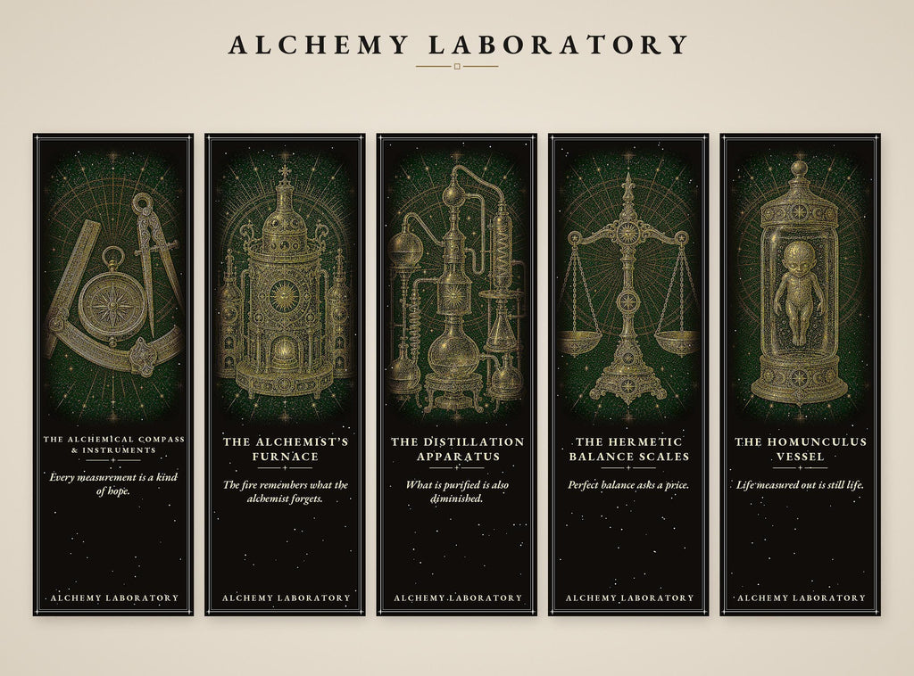 Alchemy Laboratory Bookmark, Dark Academia Gold Line Art | Page Marker | Hand-Finished Black Stock