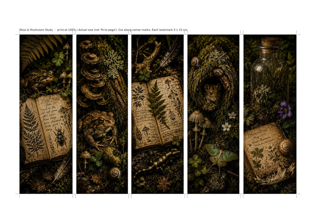 Moss & Mushroom Study Bookmarks | Goblincore Forest Floor | Printable Page Markers, Book Lover Gift