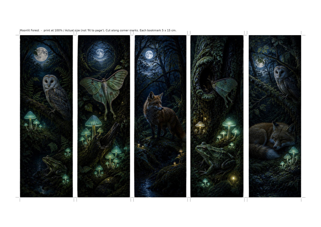 Moonlit Forest Bookmarks | Luna Moths & Woodland Animals | Goblincore Dark Academia Nature Art | Printable Gift Set