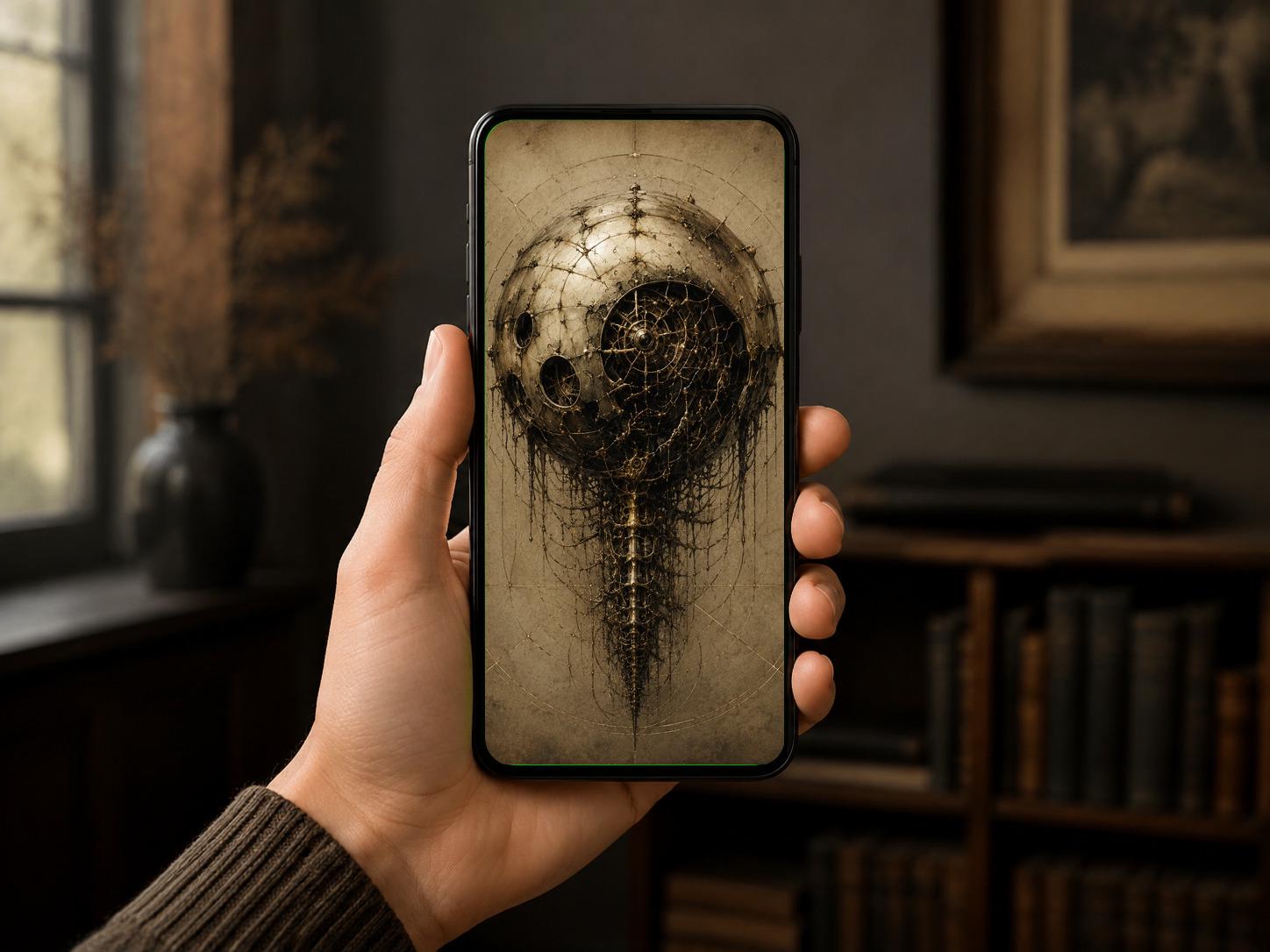 Eye Orb Biomechanical Wallpaper | Dark Academia Lock Screen | Steampunk Phone Art | Gothic Sci-Fi Digital Download | Surreal Brass Anatomy