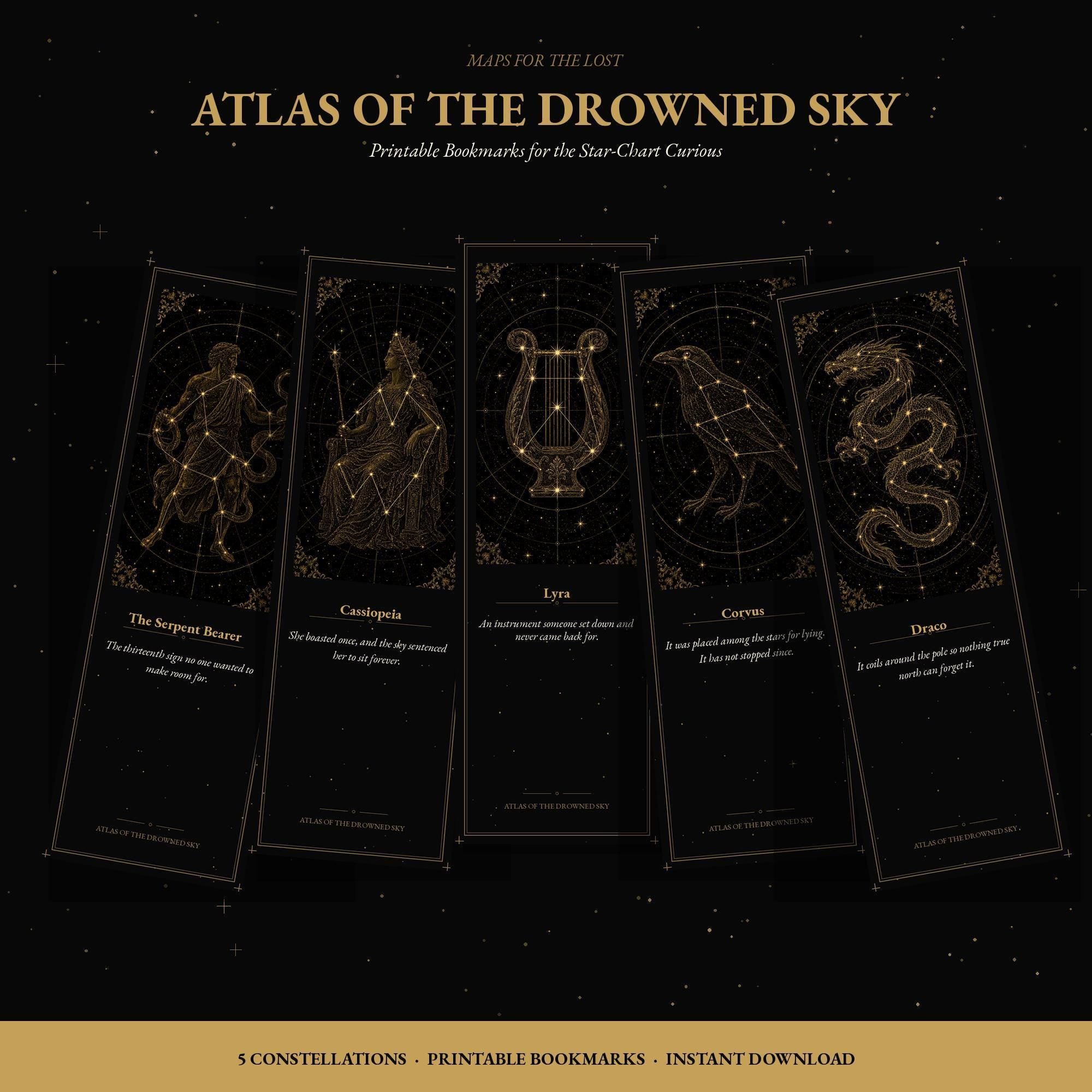 Atlas of the Drowned Sky Bookmark, Dark Academia | Gold Constellation Art | Celestial Page Marker, Handmade