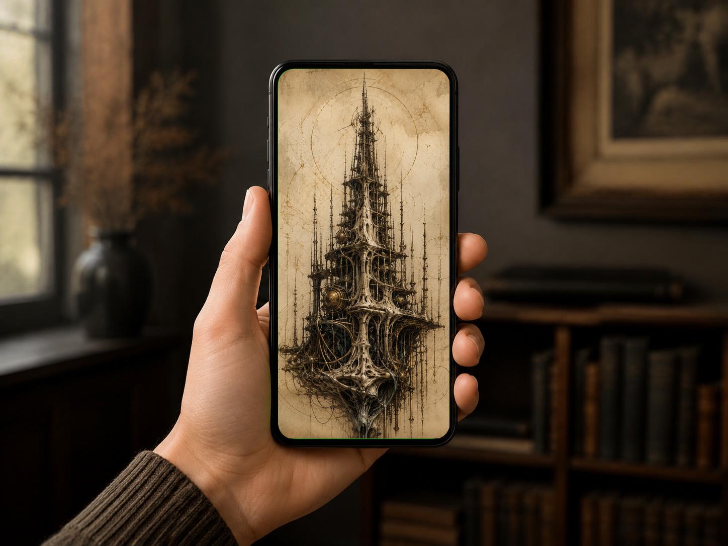 Spires III Biomechanical Wallpaper | Dark Academia Lock Screen | Brass Bone Anatomy | Gothic Sci-Fi Digital Download