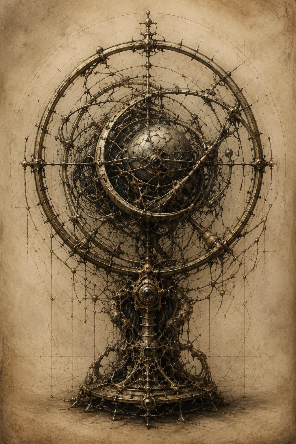 Armillary Sphere, Biomechanical Phone Wallpaper | Dark Academia Lock Screen | Gothic Surreal Digital Art | Brass Anatomy Engine