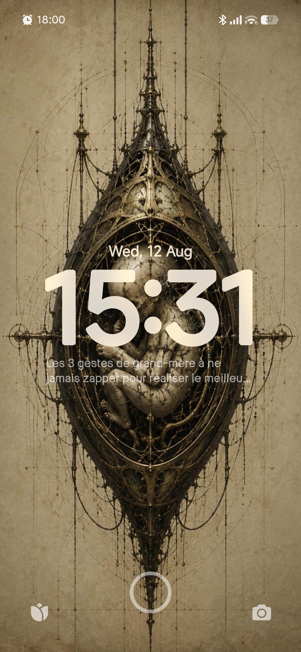 Baby in Utero II, Biomechanical Specimen | Dark Academia Lock Screen | Brass Bone Machinery | Surreal Phone Wallpaper Download