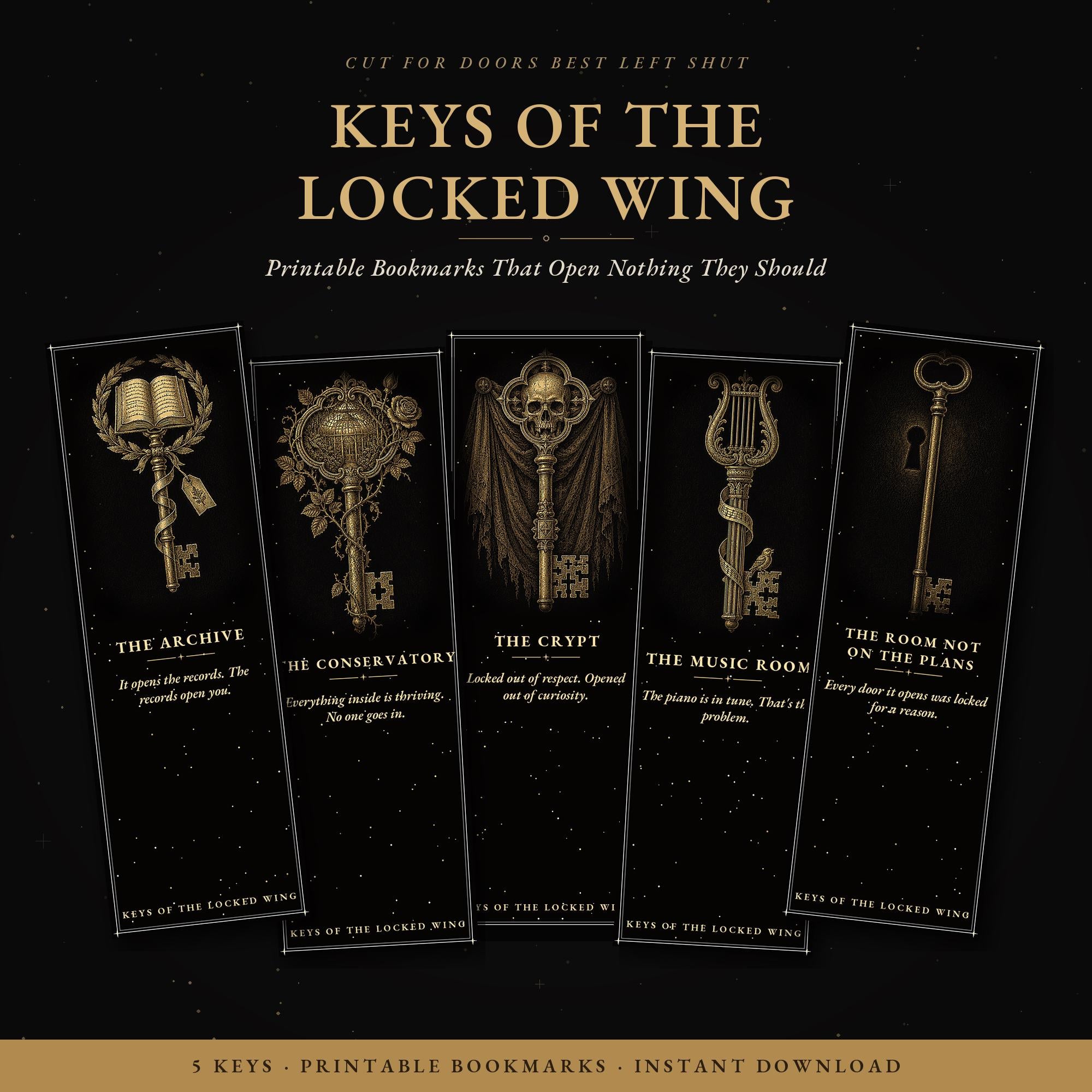 Keys of the Locked Wing Printable Bookmarks | Dark Academia Gothic Bookmark Set | Skeleton Key Digital Download