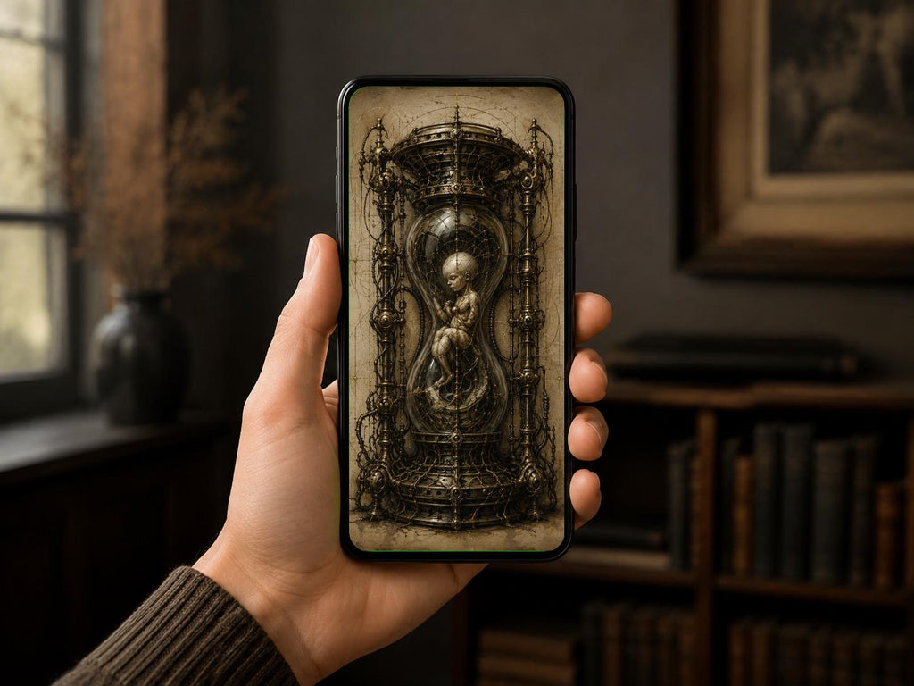 Biomechanical Baby in Hourglass, Dark Academia Lock Screen | Surreal Anatomy Wallpaper | Gothic Brass Machinery | Parchment Background