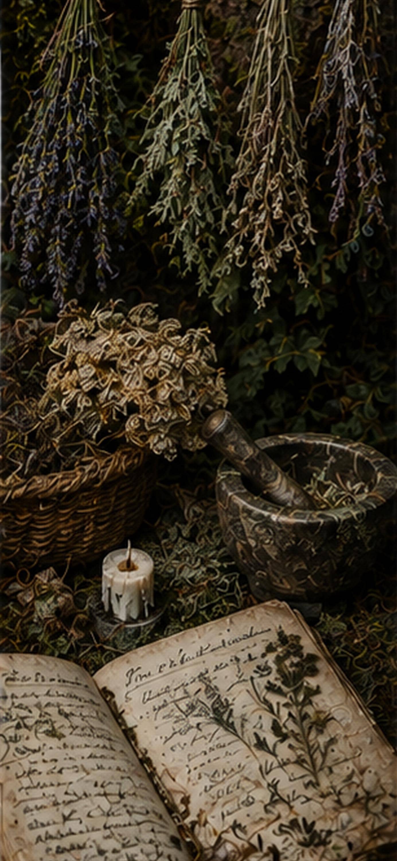 Witchy Botanicals Phone Wallpaper Bundle | Dark Cottagecore Lock Screen, Dried Herbs, Herbal Digital Art