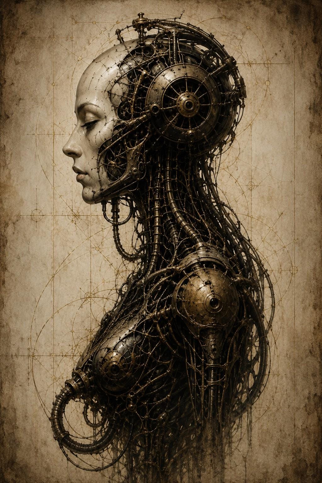Woman Cyborg: Biomechanical Dark Academia | Surreal Anatomy Lock Screen | Gothic Sci-Fi Phone Wallpaper | Brass Machinery | Instant Download