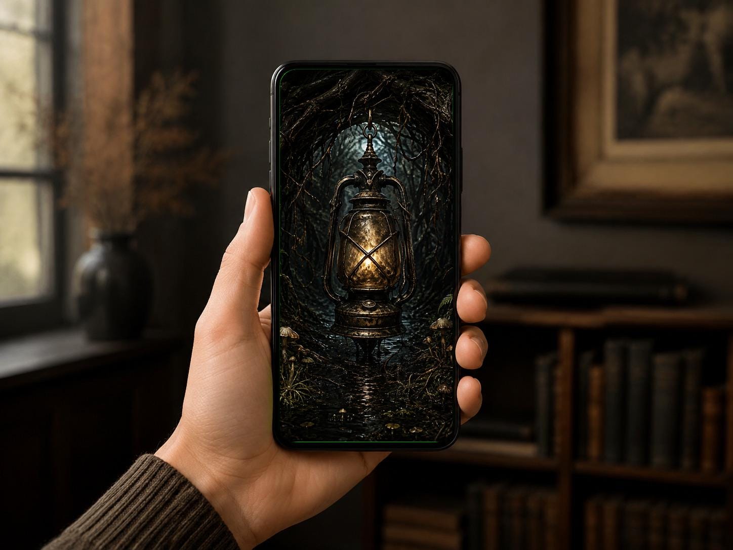 The Drowned Path Phone Wallpaper | Dark Goblincore Lock Screen, Swamp Lanterns | Fantasy Digital Download Set