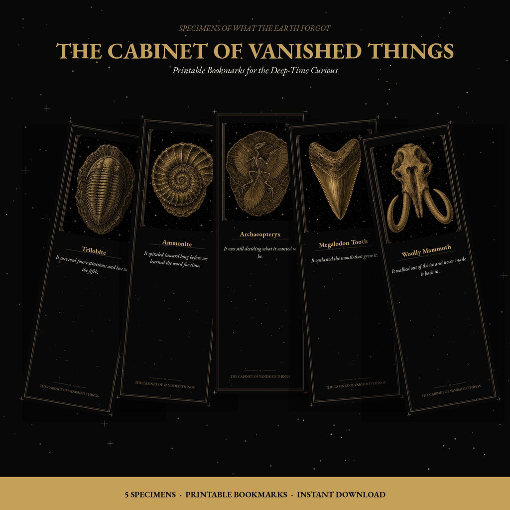 Specimens of What the Earth Forgot, Printable Bookmarks | Extinct Species Gold Linework | Dark Academia | Digital Download
