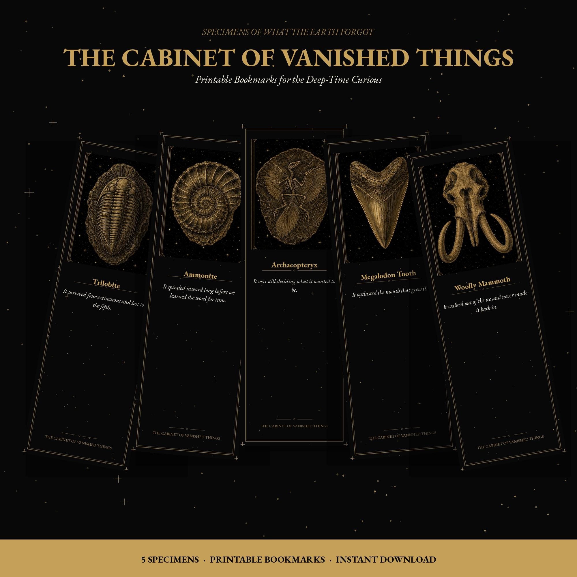 Specimens of What the Earth Forgot, Printable Bookmarks | Extinct Species Gold Linework | Dark Academia | Digital Download