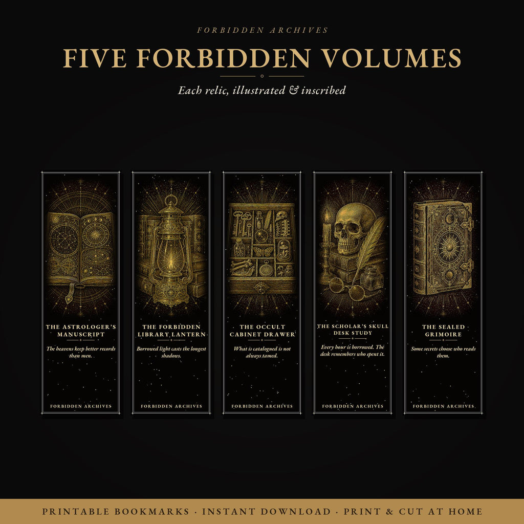 Forbidden Archives Printable Bookmarks, Dark Academia Gothic | Occult Library Designs | Instant Digital Download | Scholars Skull