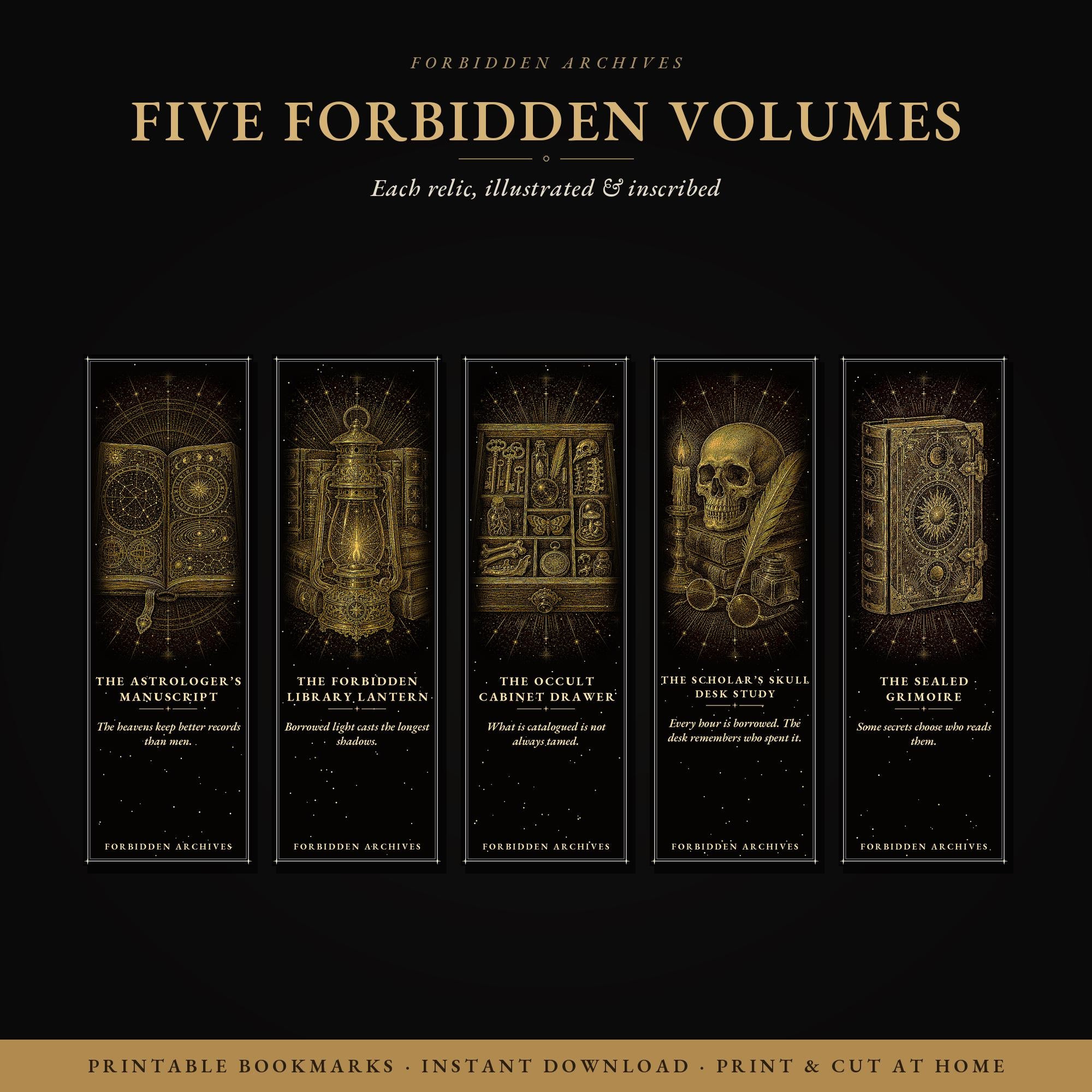 Forbidden Archives Printable Bookmarks, Dark Academia Gothic | Occult Library Designs | Instant Digital Download | Scholars Skull
