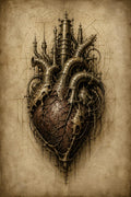 Biomechanical Heart and Towers II, Dark Academia Lock Screen | Surreal Anatomical Wallpaper, Brass Machinery, Parchment Background