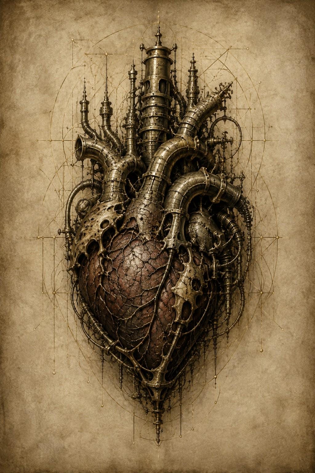 Biomechanical Heart and Towers II, Dark Academia Lock Screen | Surreal Anatomical Wallpaper, Brass Machinery, Parchment Background