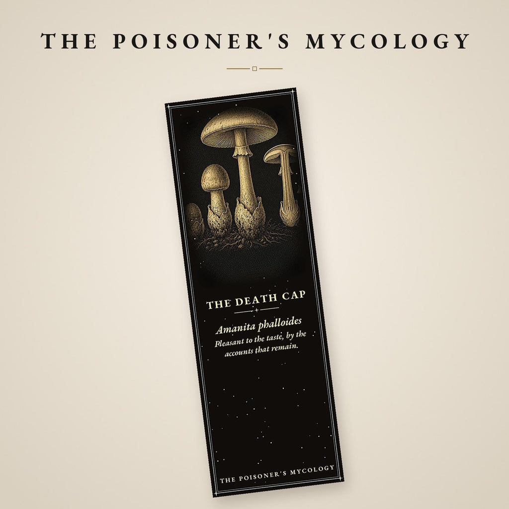 The Poisoner's Mycology Bookmark, Dark Academia Fungi | Gold Illustration | Magnetic Or Standard Page Marker