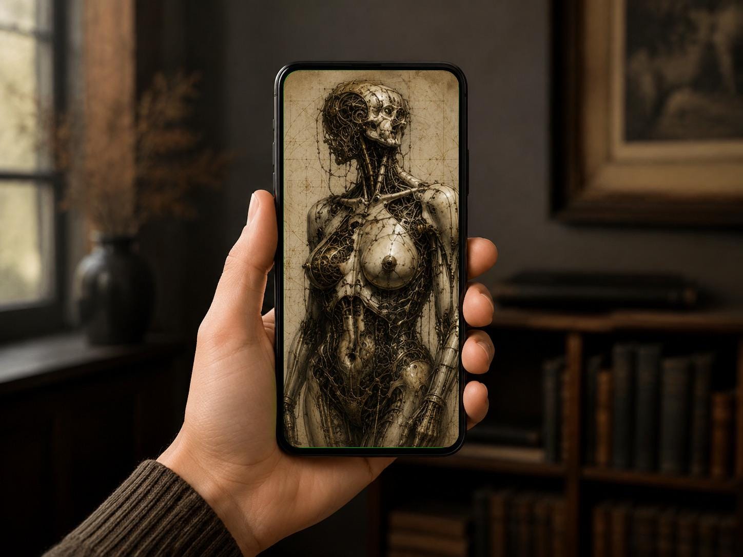 Cyborg Woman Mask, Biomechanical Dark Academia | Surreal Phone Wallpaper | Brass Bone Imagery | Gothic Lock Screen Digital Download