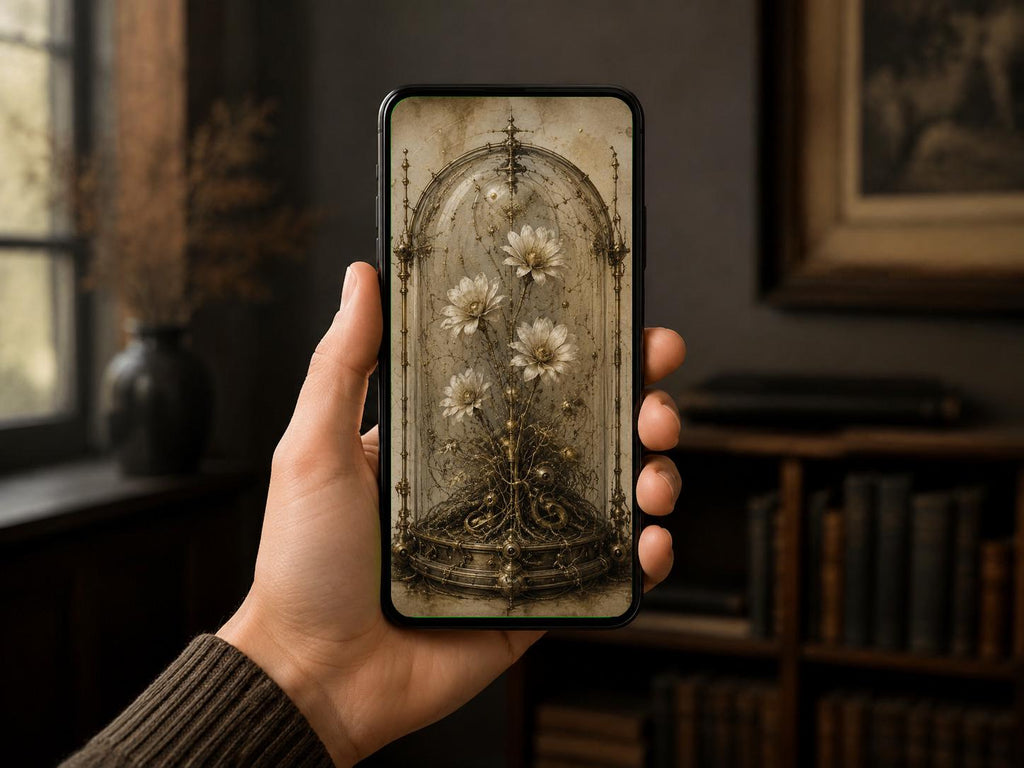 Flowers in Dome Biomechanical Wallpaper | Dark Academia Lock Screen | Brass Bone Anatomy | Instant Digital Download