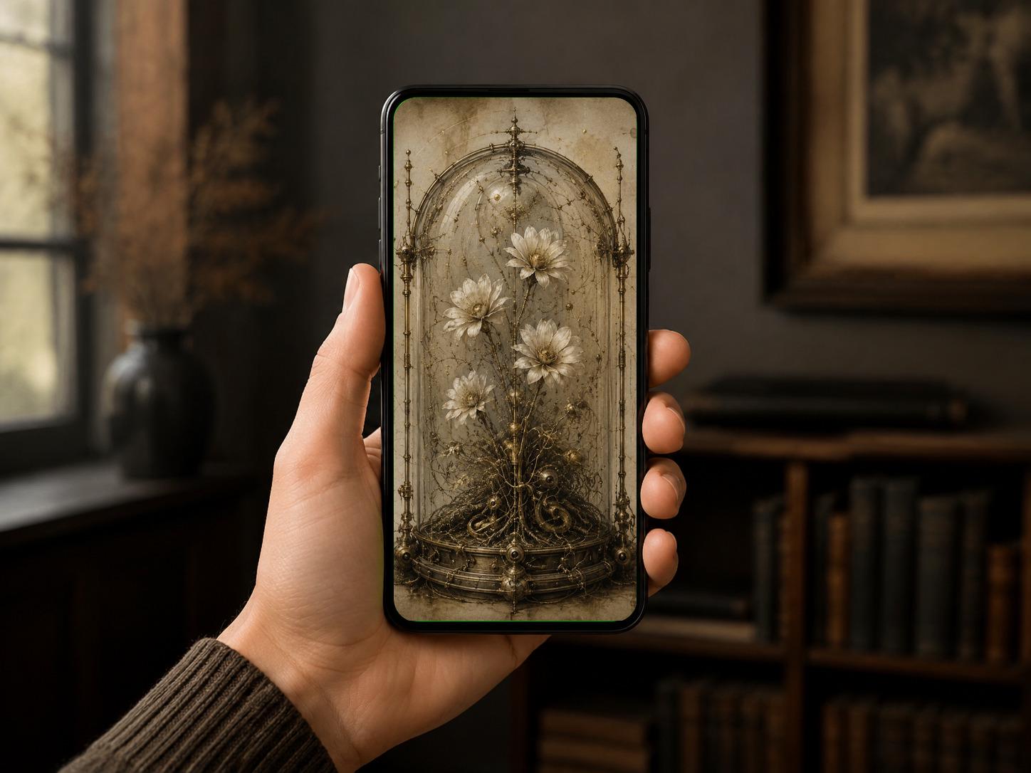 Flowers in Dome Biomechanical Wallpaper | Dark Academia Lock Screen | Brass Bone Anatomy | Instant Digital Download