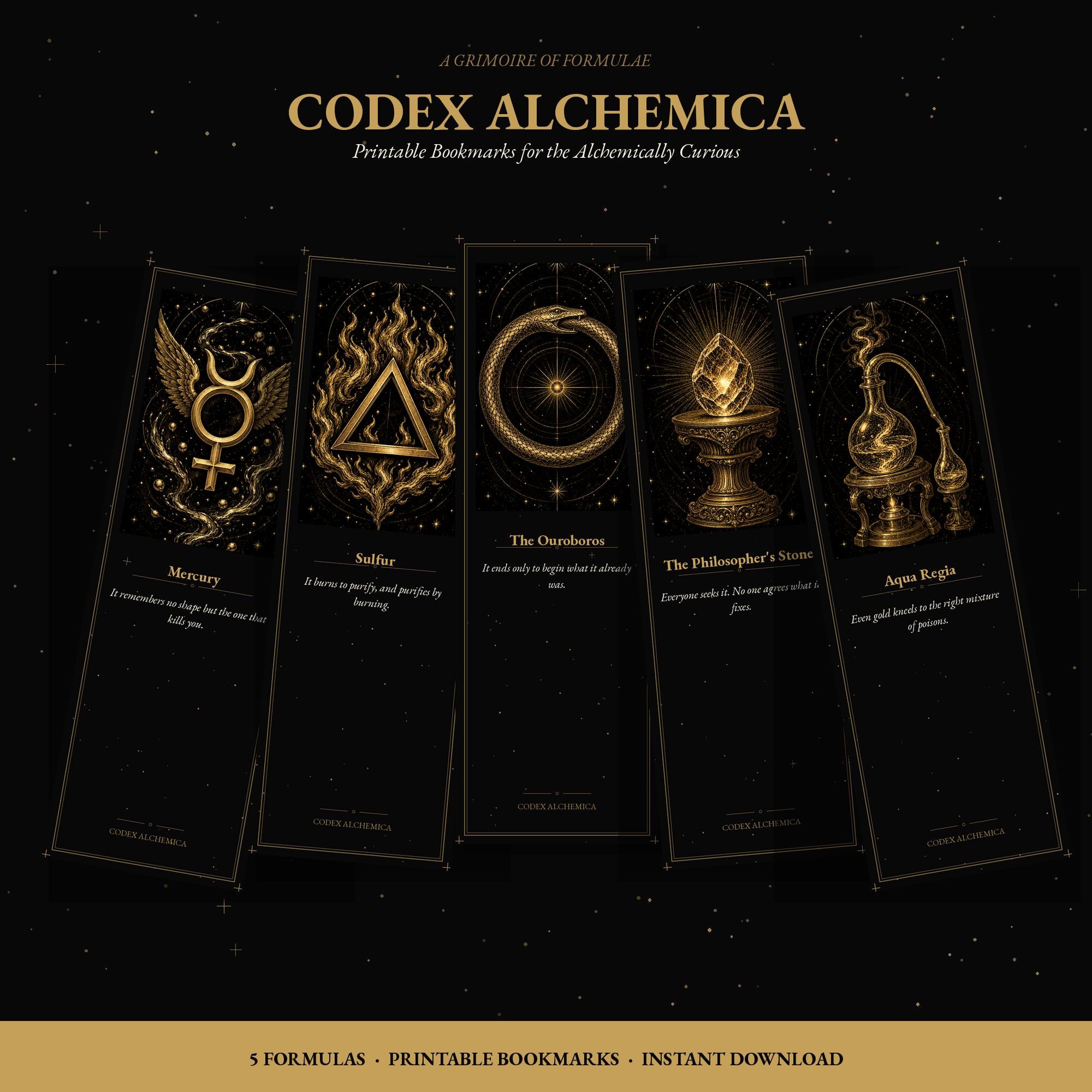 Codex Alchemica Printable Bookmarks | Dark Academia Gothic | Occult Symbols, Gold Linework | Alchemist Reader Gift