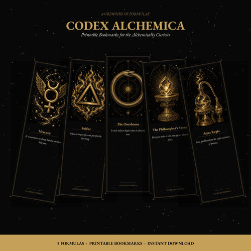 Codex Alchemica Printable Bookmarks | Dark Academia Gothic | Occult Symbols, Gold Linework | Alchemist Reader Gift