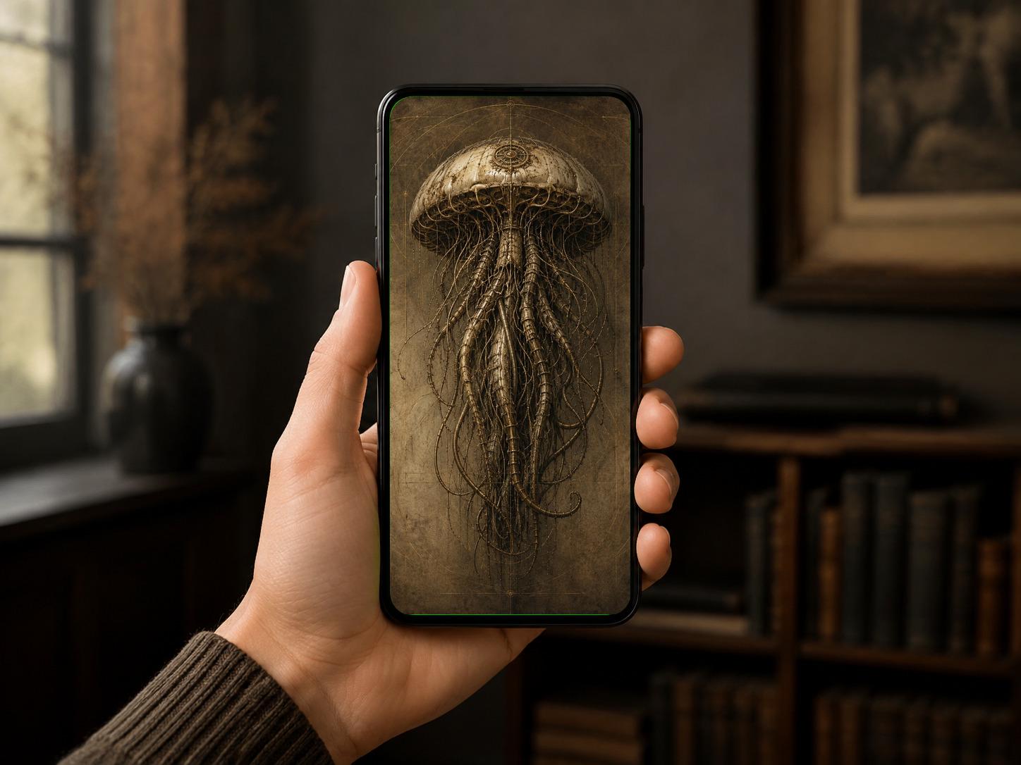 Jellyfish II Biomechanical Wallpaper | Dark Academia Lock Screen | Surreal Anatomy Art | Steampunk Phone Download | Gothic Sci-Fi Design