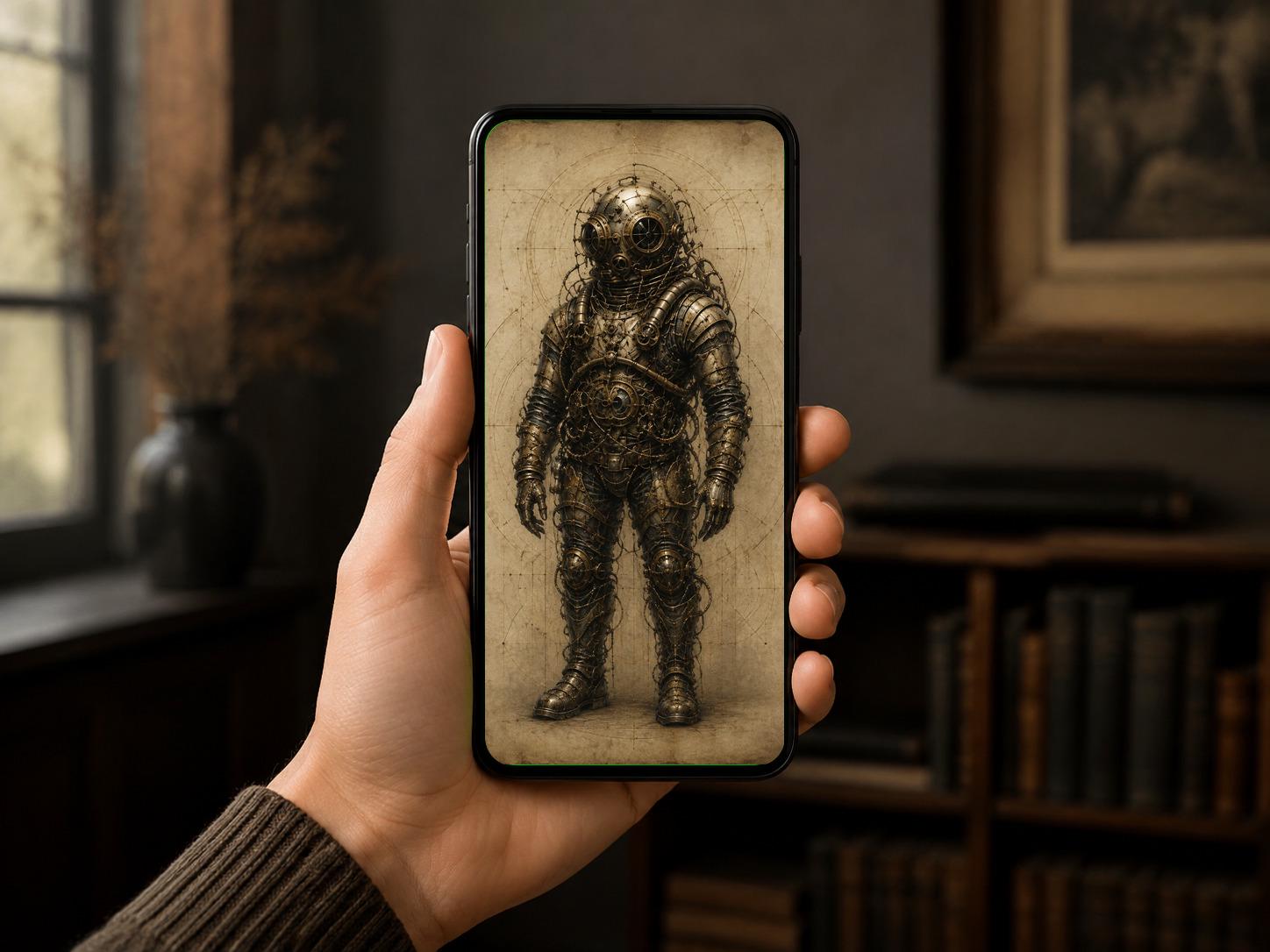 Diver: Biomechanical Anatomy | Dark Academia Lock Screen | Gothic Sci-Fi Wallpaper | Surreal Brass Machinery