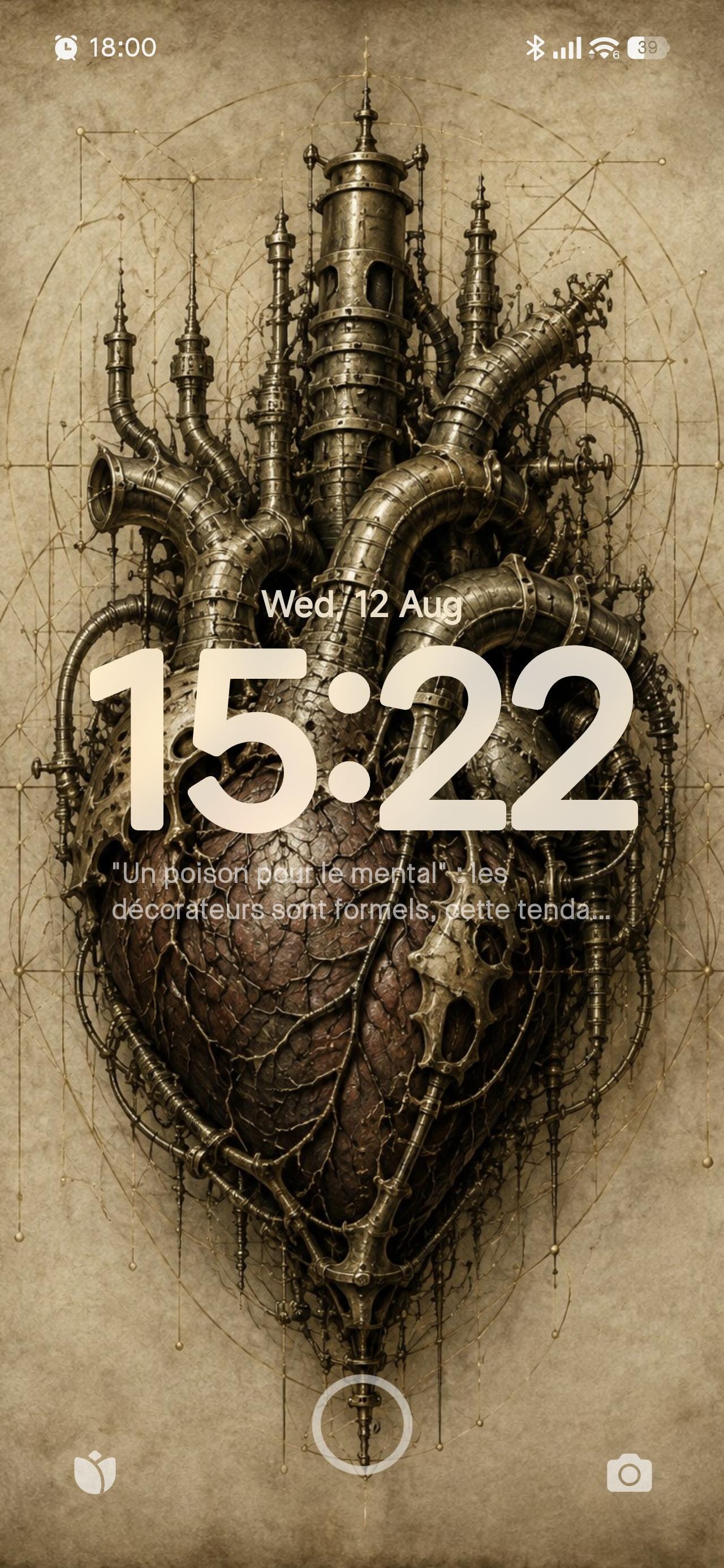 Biomechanical Heart and Towers II, Dark Academia Lock Screen | Surreal Anatomical Wallpaper, Brass Machinery, Parchment Background