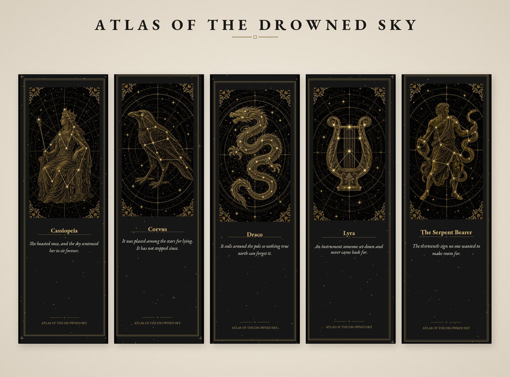Atlas of the Drowned Sky Printable Bookmarks | Constellation Art, Gold Linework | Dark Academia Night Sky | Digital Download