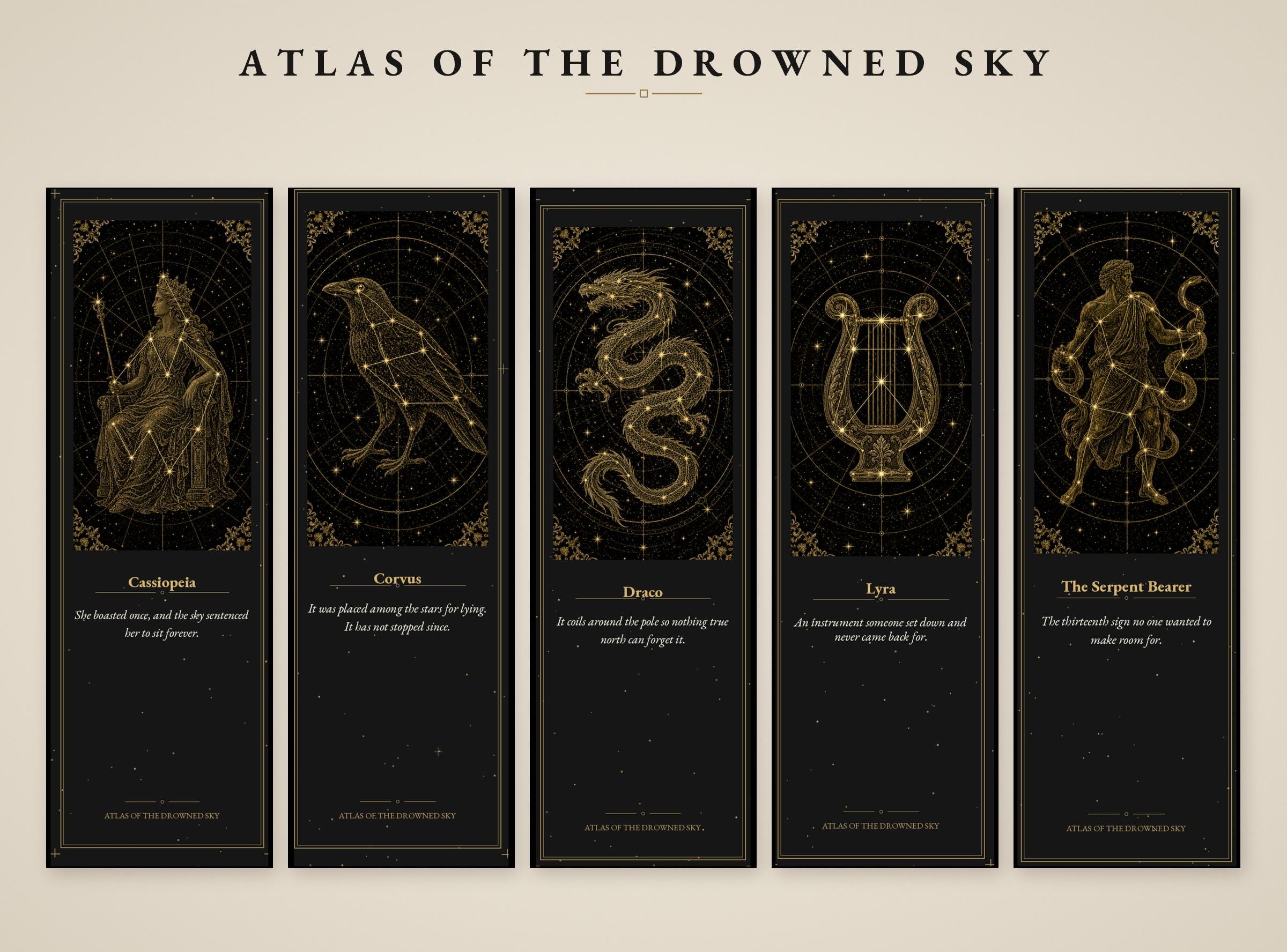 Atlas of the Drowned Sky Printable Bookmarks | Constellation Art, Gold Linework | Dark Academia Night Sky | Digital Download