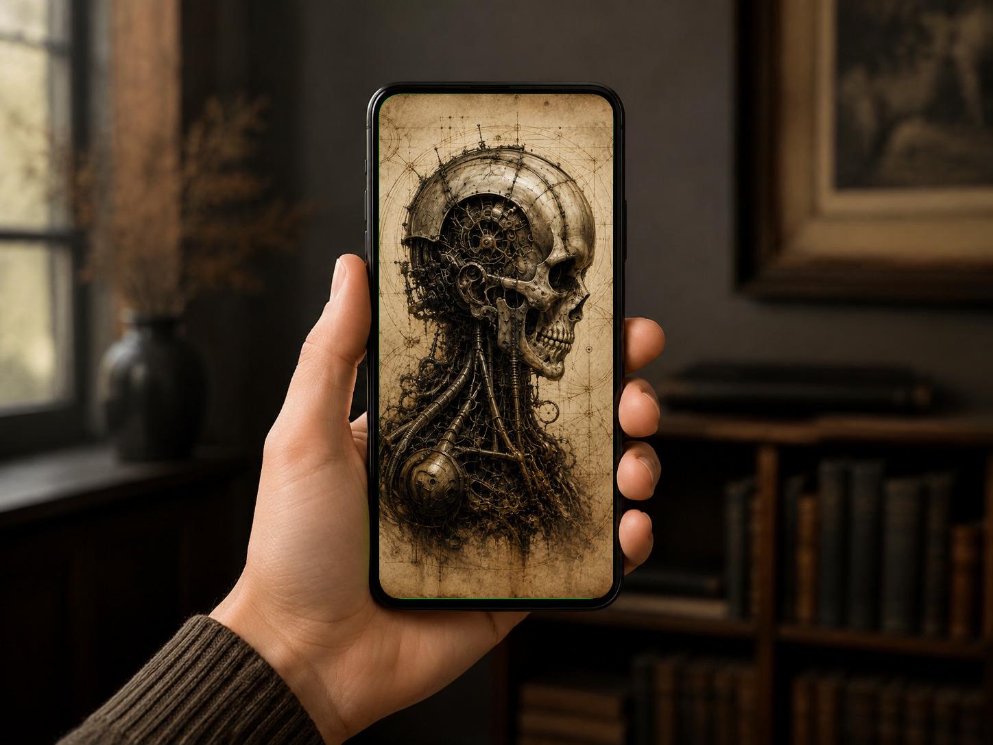 Skulls Biomechanical Phone Wallpaper Bundle | Dark Academia Lock Screen | Gothic Sci-Fi Digital Art | Anatomical Study | Instant Download