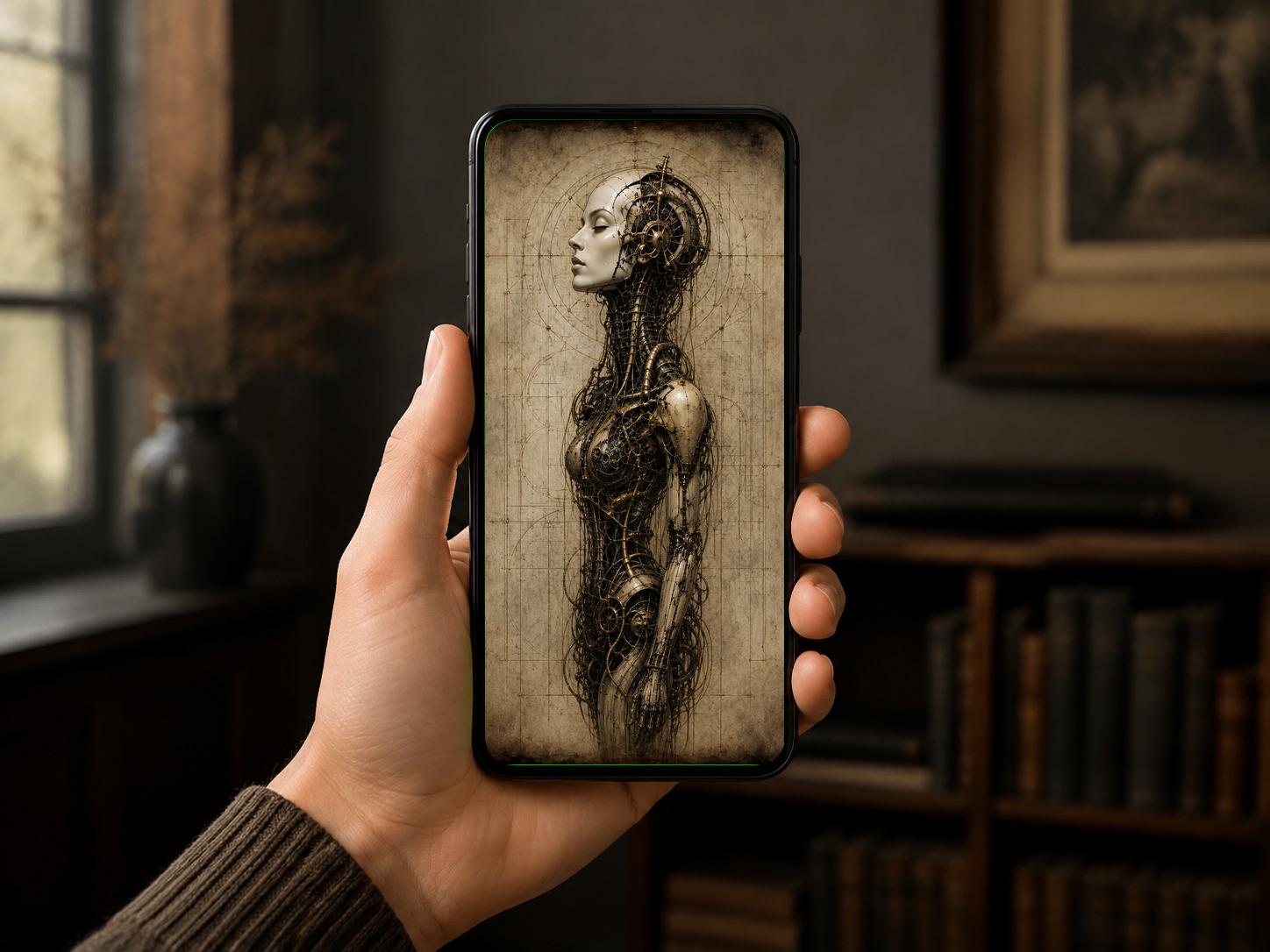 Cyborg Woman Full Profile | Biomechanical Dark Academia Wallpaper, Gothic Surreal Phone Art, Instant Digital Download