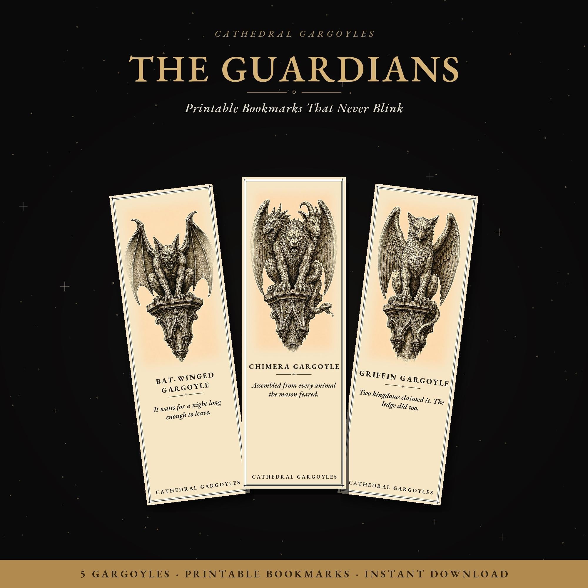 Cathedral Gargoyles The Guardians Printable Bookmarks | Dark Academia Gothic Bookmark Set | Digital Download Print & Cut