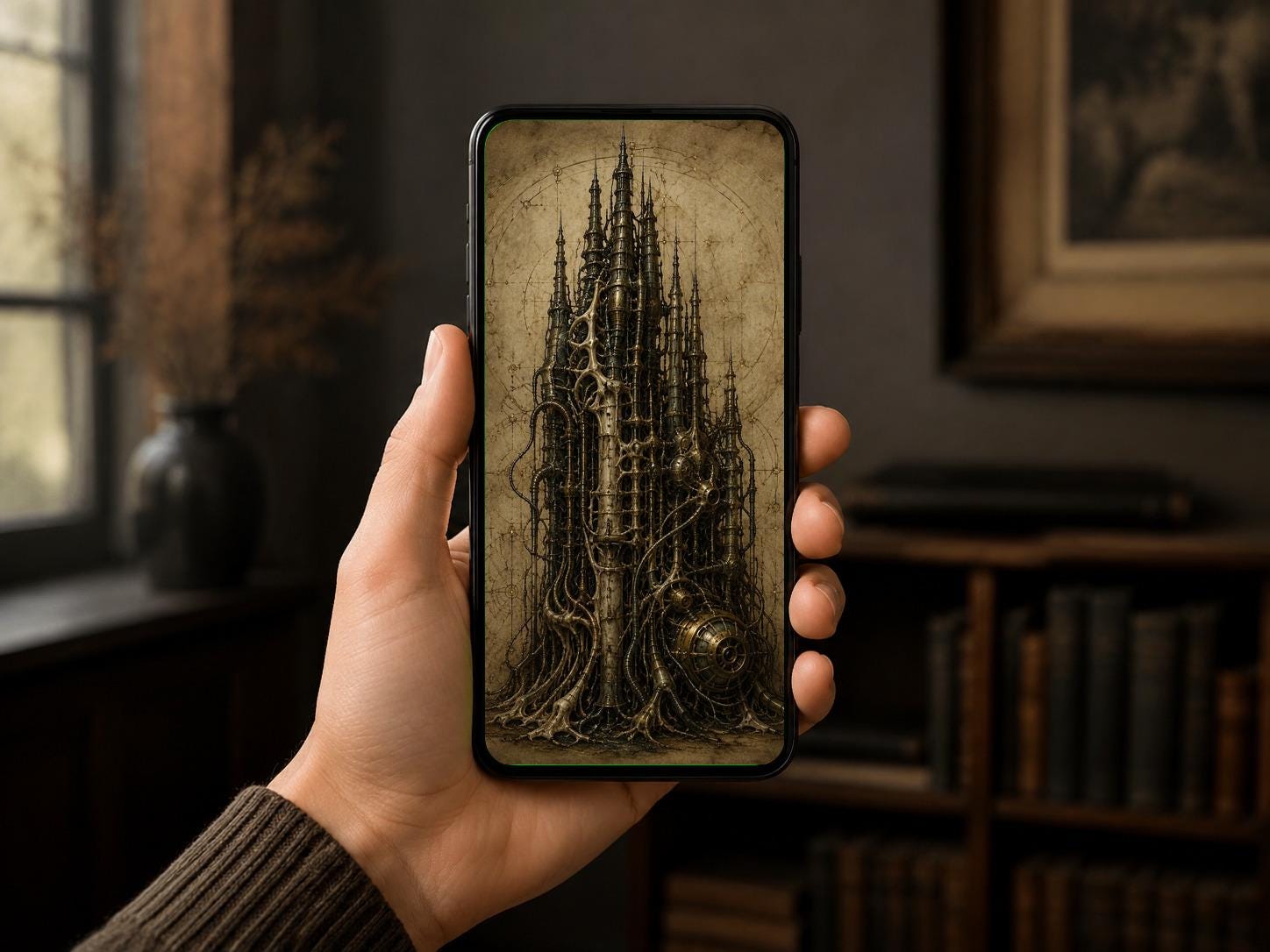 Spires IV Biomechanical Phone Wallpaper | Dark Surreal Lock Screen | Gothic Sci-Fi Digital Art Download | Brass Bone Anatomy