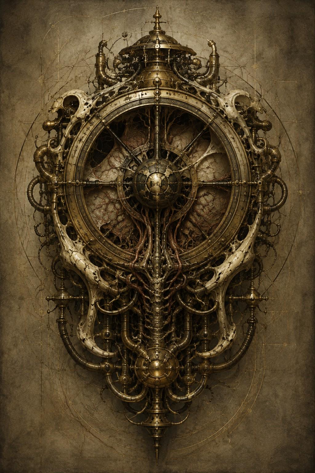 Clock Mechanism: Biomechanical Dark Academia | Surreal Brass Anatomy | Gothic Lock Screen Wallpaper